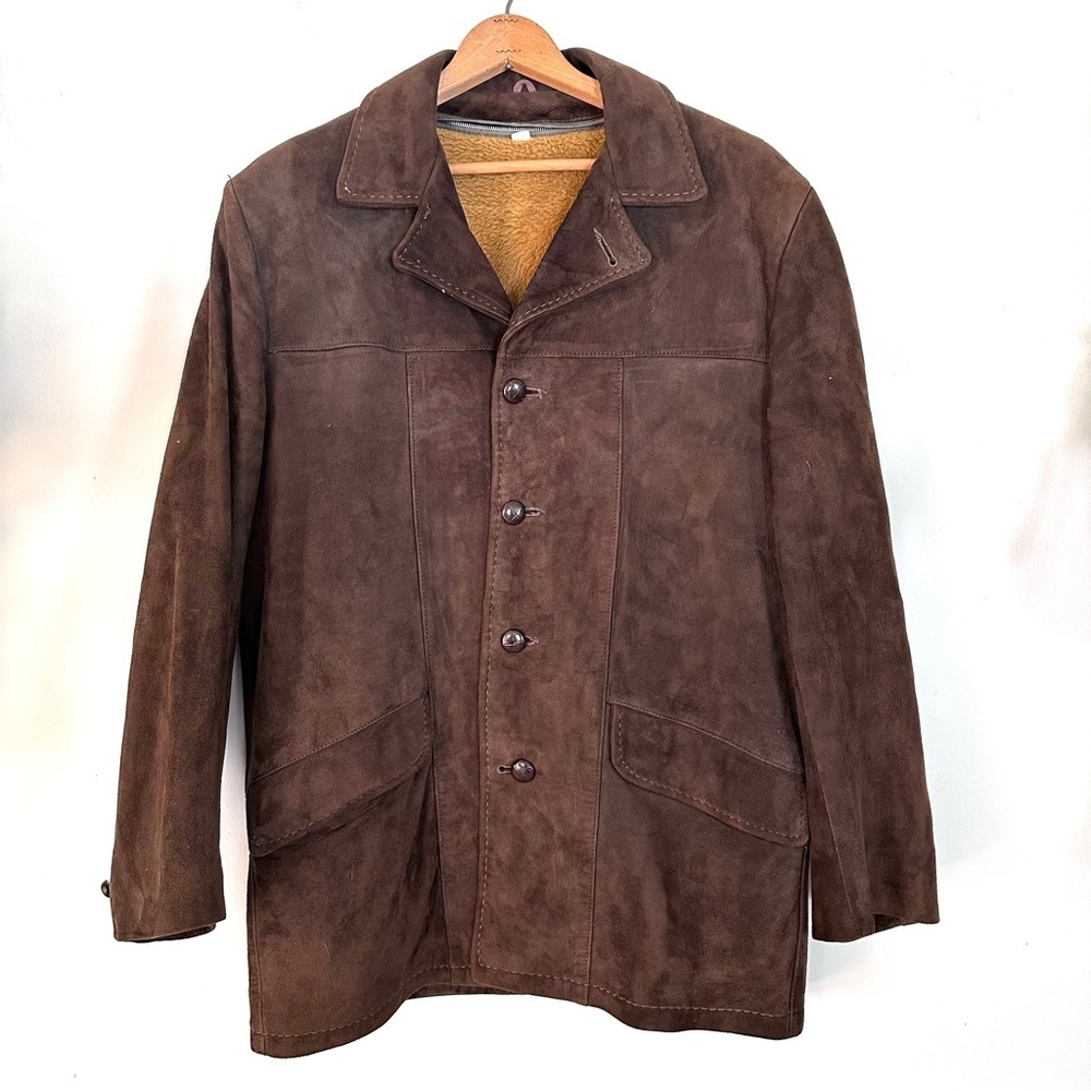 Vintage 1960s 1970s Brown Suede Men’s Jacket w/ Removable Wool Liner Sz 40 (Lg)